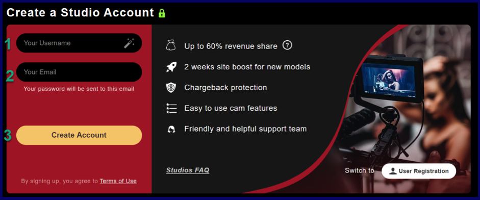 StripChat studio account registration