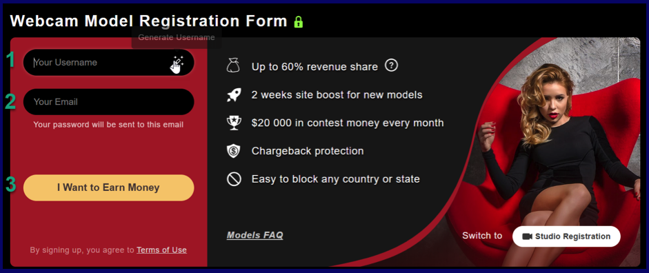 Webcam model registration form